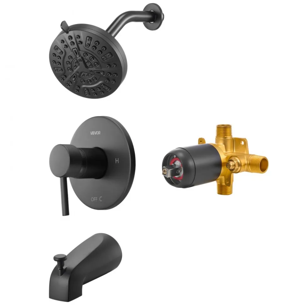 VEVOR Tub and Shower Faucet Set, Complete with 5-Inch Rainfall Shower Head and Bathtub Spout, 8-Setting Adjustable Spray, Single-Handle Tub Trim Kit with Brass Pressure Balancing Valve, Matte Black