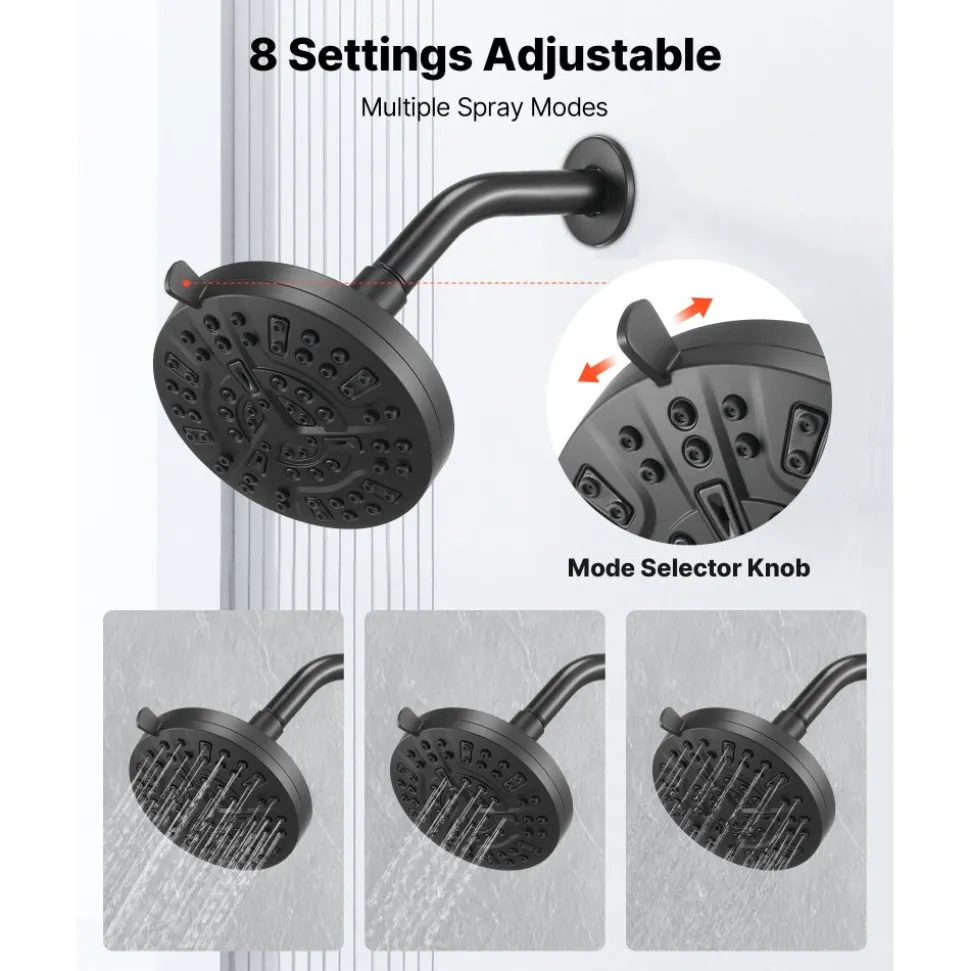 VEVOR Tub and Shower Faucet Set, Complete with 5-Inch Rainfall Shower Head and Bathtub Spout, 8-Setting Adjustable Spray, Single-Handle Tub Trim Kit with Brass Pressure Balancing Valve, Matte Black