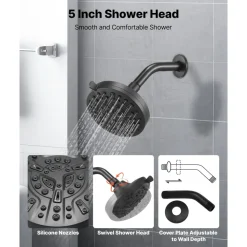 VEVOR Tub and Shower Faucet Set, Complete with 5-Inch Rainfall Shower Head and Bathtub Spout, 8-Setting Adjustable Spray, Single-Handle Tub Trim Kit with Brass Pressure Balancing Valve, Matte Black