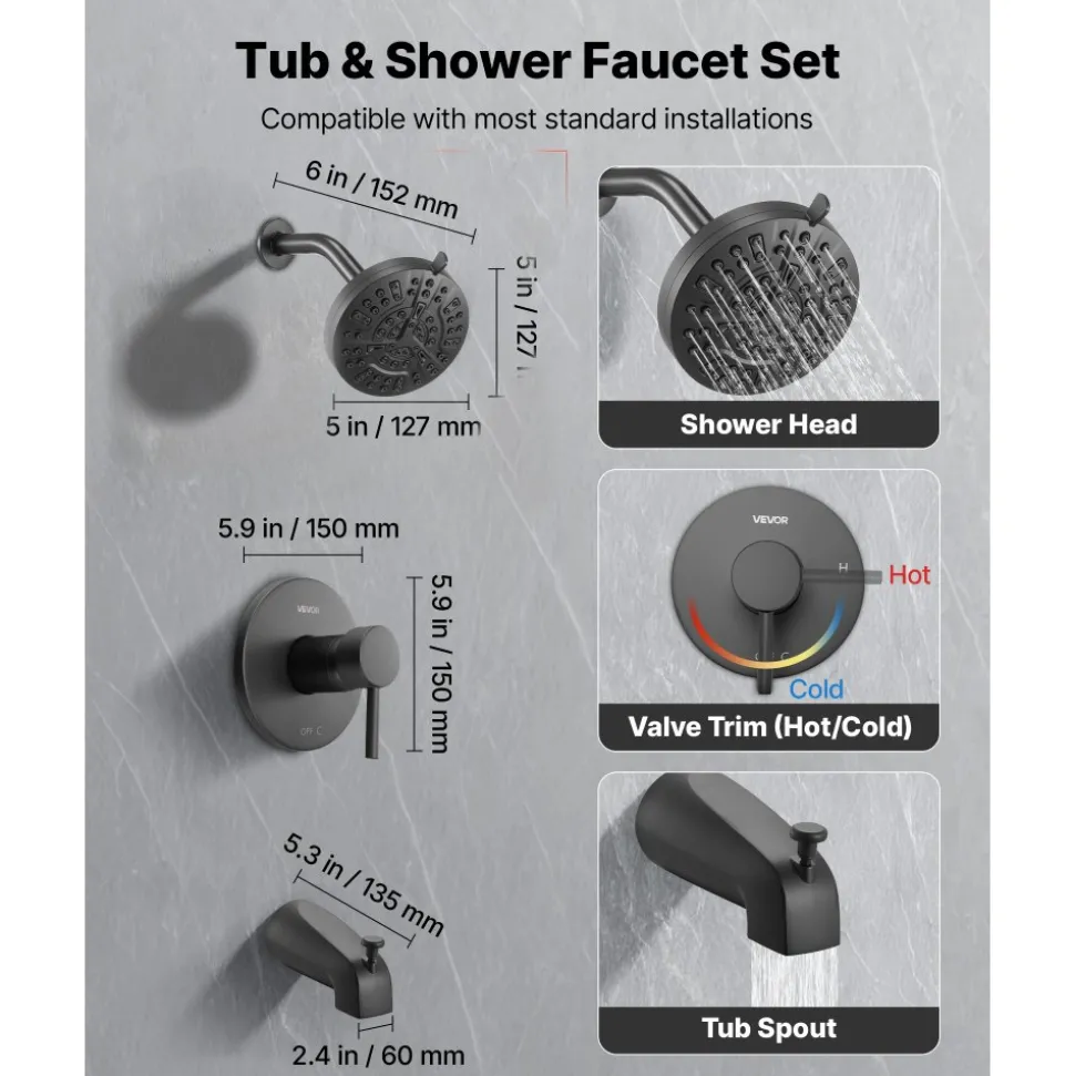 VEVOR Tub and Shower Faucet Set, Complete with 5-Inch Rainfall Shower Head and Bathtub Spout, 8-Setting Adjustable Spray, Single-Handle Tub Trim Kit with Brass Pressure Balancing Valve, Matte Black