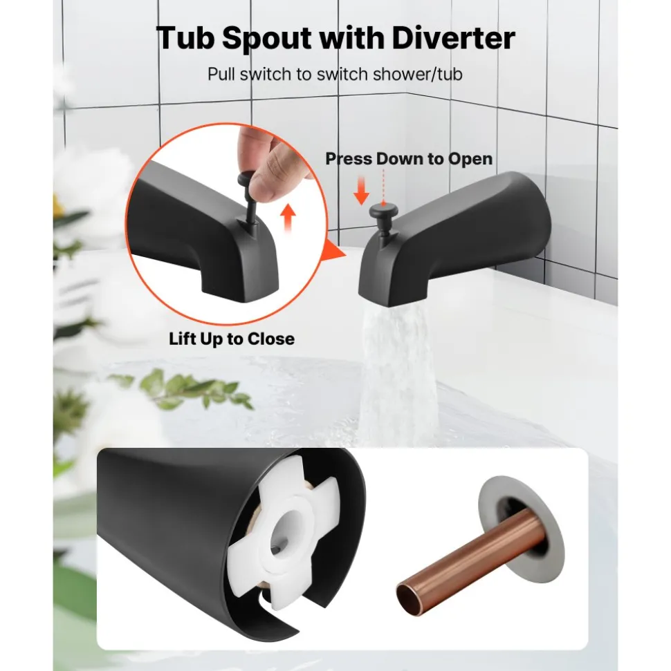 VEVOR Tub and Shower Faucet Set, 5-Inch Rainfall Shower Head and Bathtub Spout, Complete Single-Handle Tub Trim Kit with Brass Pressure Balancing Valve, 8-Setting Adjustable Spray Modes, Matte Black
