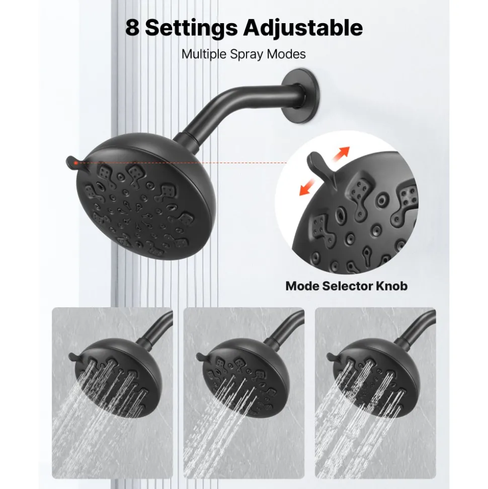 VEVOR Tub and Shower Faucet Set, 5-Inch Rainfall Shower Head and Bathtub Spout, Complete Single-Handle Tub Trim Kit with Brass Pressure Balancing Valve, 8-Setting Adjustable Spray Modes, Matte Black