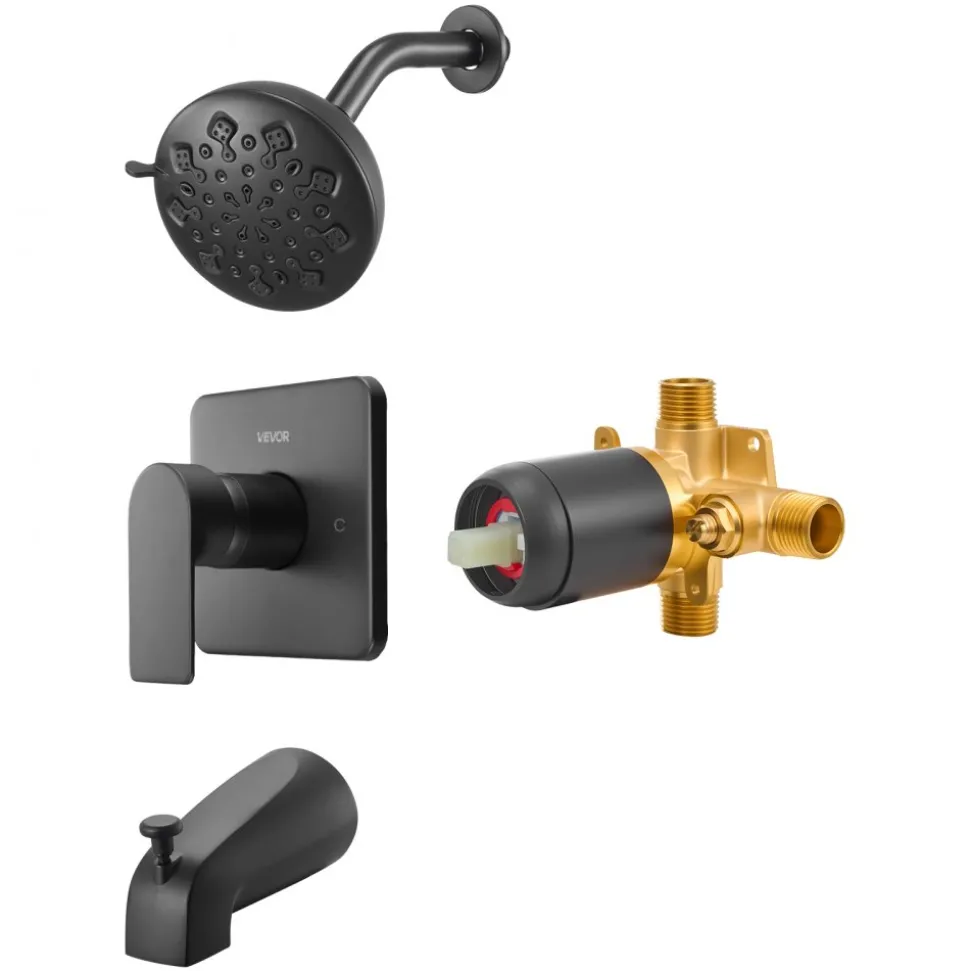 VEVOR Tub and Shower Faucet Set, 5-Inch Rainfall Shower Head and Bathtub Spout, Complete Single-Handle Tub Trim Kit with Brass Pressure Balancing Valve, 8-Setting Adjustable Spray Modes, Matte Black