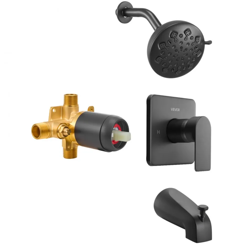 VEVOR Tub and Shower Faucet Set, 5-Inch Rainfall Shower Head and Bathtub Spout, Complete Single-Handle Tub Trim Kit with Brass Pressure Balancing Valve, 8-Setting Adjustable Spray Modes, Matte Black