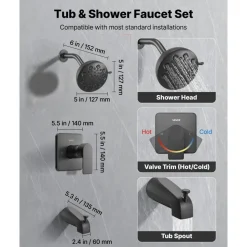 VEVOR Tub and Shower Faucet Set, 5-Inch Rainfall Shower Head and Bathtub Spout, Complete Single-Handle Tub Trim Kit with Brass Pressure Balancing Valve, 8-Setting Adjustable Spray Modes, Matte Black
