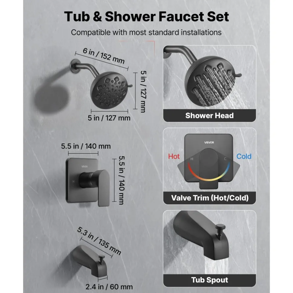 VEVOR Tub and Shower Faucet Set, 5-Inch Rainfall Shower Head and Bathtub Spout, Complete Single-Handle Tub Trim Kit with Brass Pressure Balancing Valve, 8-Setting Adjustable Spray Modes, Matte Black