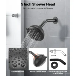 VEVOR Tub and Shower Faucet Set, 5-Inch Rainfall Shower Head and Bathtub Spout, Complete Single-Handle Tub Trim Kit with Brass Pressure Balancing Valve, 8-Setting Adjustable Spray Modes, Matte Black
