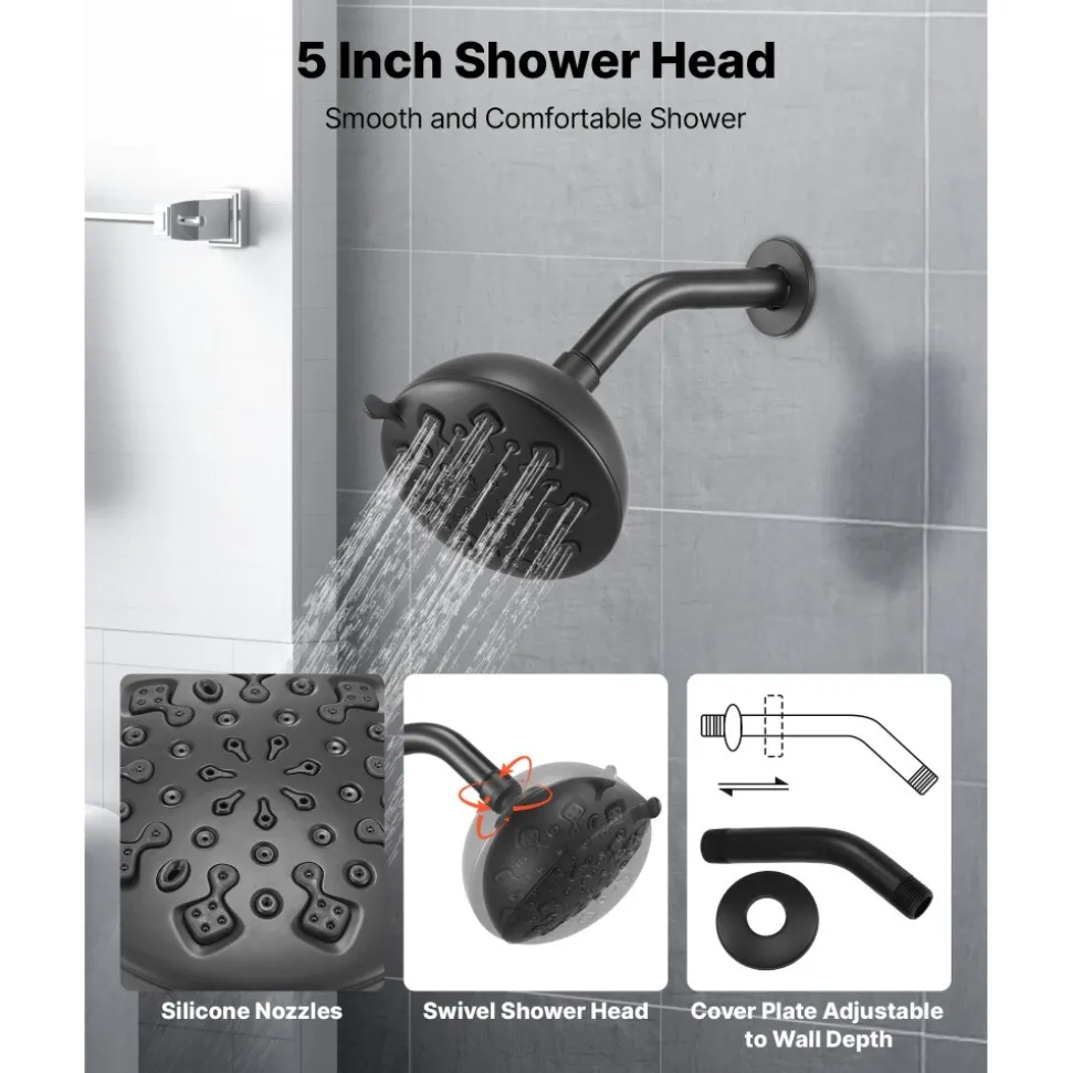 VEVOR Tub and Shower Faucet Set, 5-Inch Rainfall Shower Head and Bathtub Spout, Complete Single-Handle Tub Trim Kit with Brass Pressure Balancing Valve, 8-Setting Adjustable Spray Modes, Matte Black