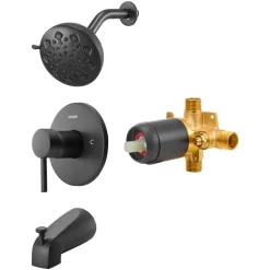 VEVOR Tub and Shower Faucet Set, Complete with 4.7-Inch Rainfall Shower Head and Bathtub Spout, 9-Setting Adjustable Spray, Single-Handle Tub Trim Kit with Brass Pressure Balancing Valve, Matte Black