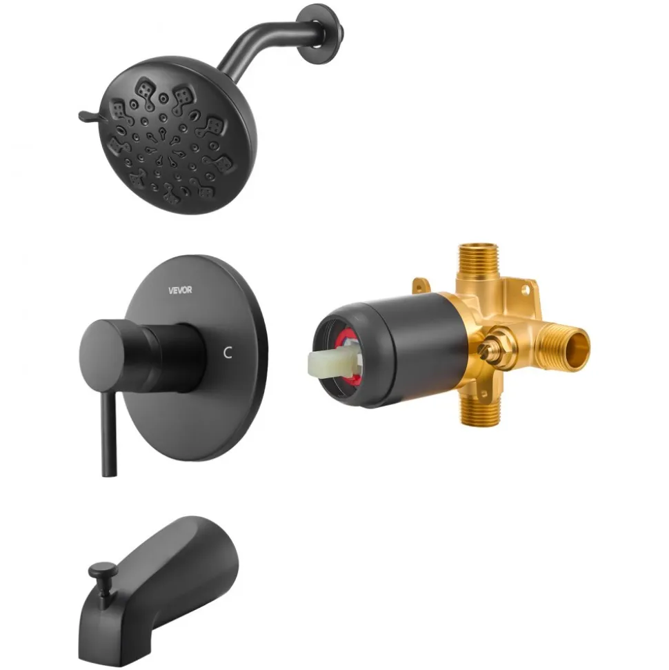 VEVOR Tub and Shower Faucet Set, Complete with 4.7-Inch Rainfall Shower Head and Bathtub Spout, 9-Setting Adjustable Spray, Single-Handle Tub Trim Kit with Brass Pressure Balancing Valve, Matte Black