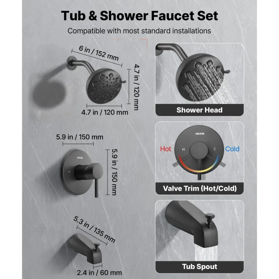 VEVOR Tub and Shower Faucet Set, Complete with 4.7-Inch Rainfall Shower Head and Bathtub Spout, 9-Setting Adjustable Spray, Single-Handle Tub Trim Kit with Brass Pressure Balancing Valve, Matte Black