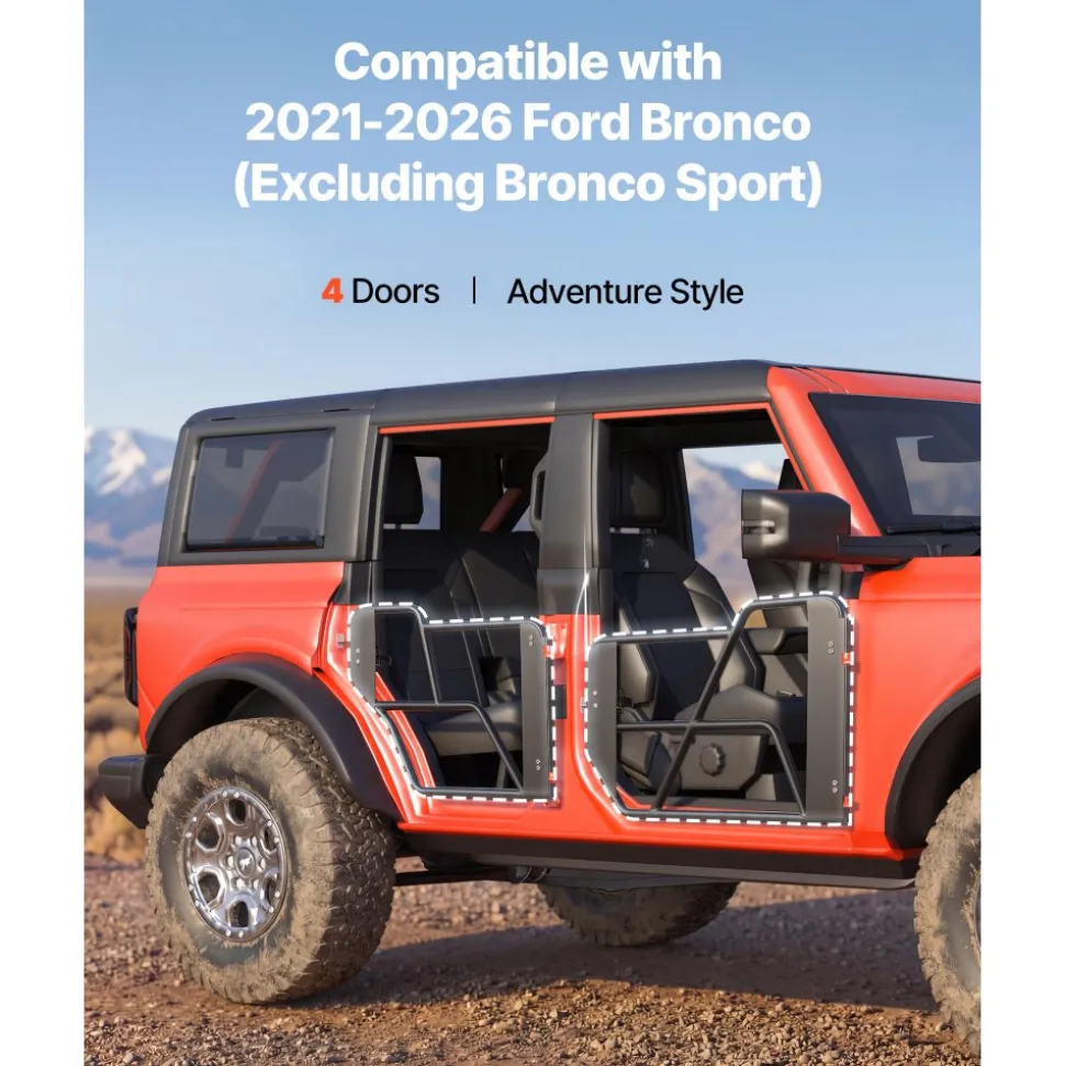 VEVOR Tube Doors, 4-Door, Compatible with 2021-2026 Ford Bronco (Excluding Bronco Sport), Steel Off Road Front & Rear Tubular Half Doors with Rubber Pads, Heavy-Duty Hinges, OE Latch & Limit Straps