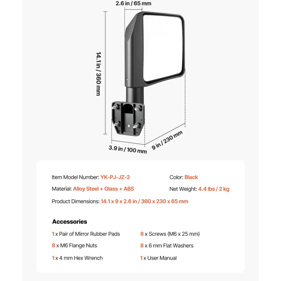 VEVOR Tube Door Side Mirrors, Compatible with Jeep Wrangler CJ7 YJ TJ JK JL/Gladiator JT/Cherokee XJ, DOT-Certified Side View Mirrors for Half Tubular Doors, Up/Down/Left/Right Adjustable, 1 Pair