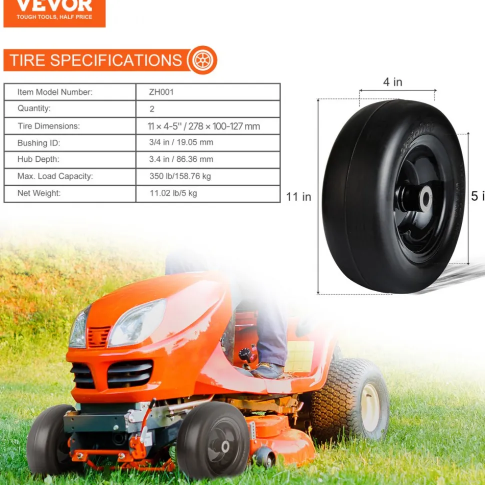 VEVOR Tubeless Mower Wheels, 11x4-5" Size, Pair of Flat-Free PU Tires on Rims, 3.4" Hub, 3/4" Bushing, Includes 20 Adapters, Suitable for Riding Mowers and Lawn Tractors
