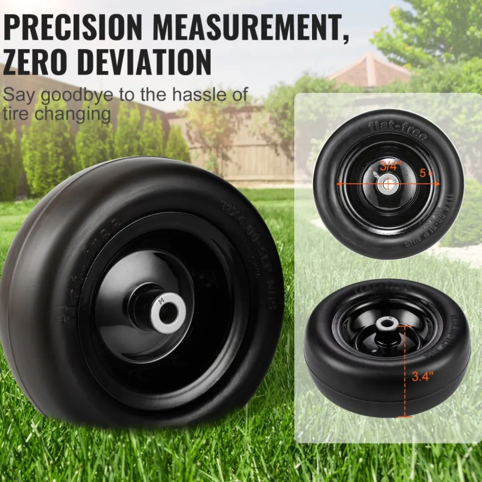 VEVOR Tubeless Mower Wheels, 11x4-5" Size, Pair of Flat-Free PU Tires on Rims, 3.4" Hub, 3/4" Bushing, Includes 20 Adapters, Suitable for Riding Mowers and Lawn Tractors