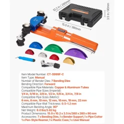 VEVOR Tubing Bender Kit, 1/4 to 7/8 Inch, Compact Ratcheting Tube Pipe Bender, Ratchet Hand Bending Tool, with 7 Color Aluminium Alloy Dies, HVAC Tools, for Copper HVAC Air Conditioning Refrigeration