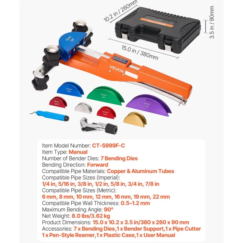 VEVOR Tubing Bender Kit, 1/4 to 7/8 Inch, Compact Ratcheting Tube Pipe Bender, Ratchet Hand Bending Tool, with 7 Color Aluminium Alloy Dies, HVAC Tools, for Copper HVAC Air Conditioning Refrigeration
