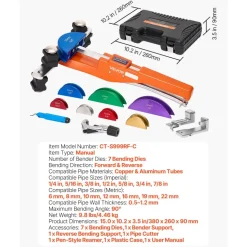 VEVOR Tubing Bender Kit, 1/4 to 7/8 Inch, Compact Ratcheting Tube Pipe Bender, Forward/Reverse Hand Bending Tool, with 7 Color Aluminium Alloy Dies, for Copper HVAC Air Conditioning Refrigeration
