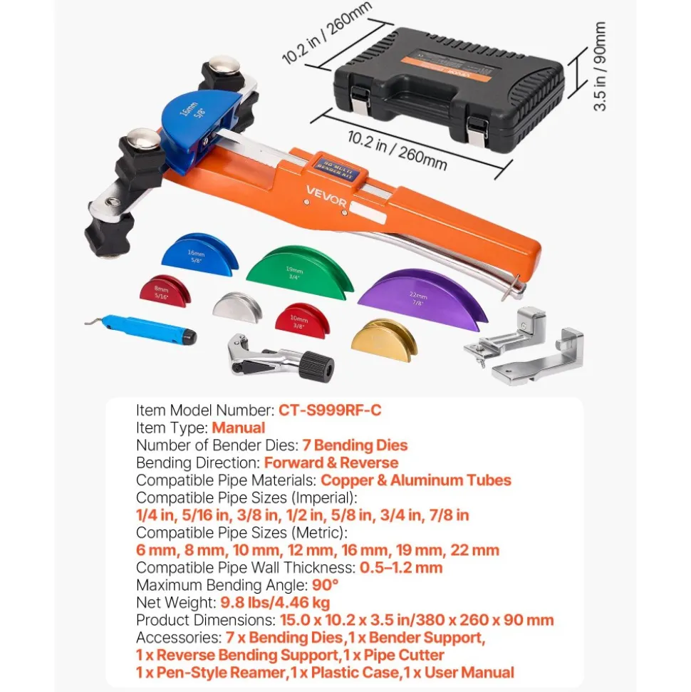 VEVOR Tubing Bender Kit, 1/4 to 7/8 Inch, Compact Ratcheting Tube Pipe Bender, Forward/Reverse Hand Bending Tool, with 7 Color Aluminium Alloy Dies, for Copper HVAC Air Conditioning Refrigeration