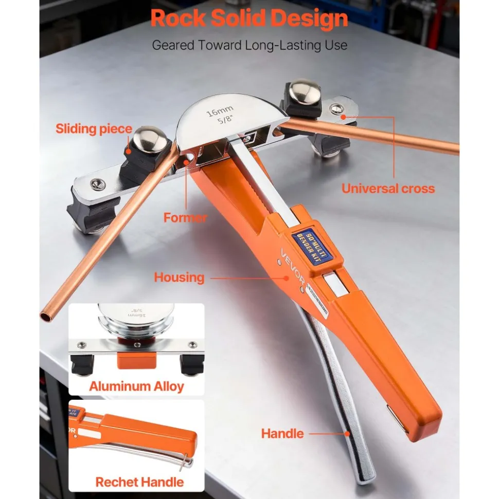 VEVOR Tubing Bender Kit, 1/4 to 7/8 Inch, Compact Ratcheting Tube Pipe Bender, Ratchet Hand Bending Tool, with 7 Aluminium Alloy Dies, HVAC Tools, for Copper Aluminum HVAC Refrigeration Maintenance
