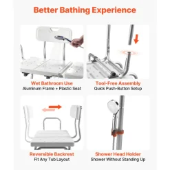VEVOR Tub Transfer Bench for Bathtub, 400 lbs Capacity Heavy Duty Shower Chair with Arm, Backrest and Curtain Slot, Height Adjustable Shower Bench Bath Seat for Adults, Seniors, Elderly and Disabled
