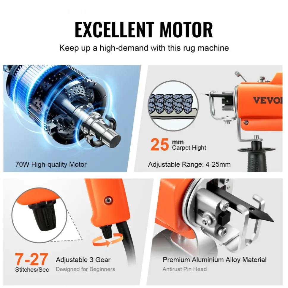 VEVOR Tufting Gun, 2 in 1 Cut & Loop Pile, Electric Carpet Weaving Flocking Machine, Rug Machines Starter Kit, 7-27 Stitches/sec High Speed Rug Making Tools, 4-25 mm Adjustable Height, 110V