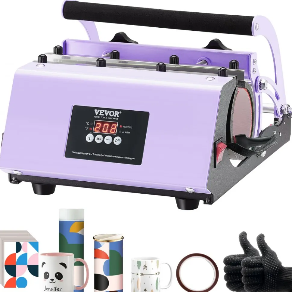VEVOR Tumbler Heat Press Machine, 11-30oz Mug Press, Heat Up Fast and Even, Tumbler Press with Sublimation Paper, Tape and Gloves, Temp and Time Setting, for Sublimation Tumblers, Cups, Mugs, Purple