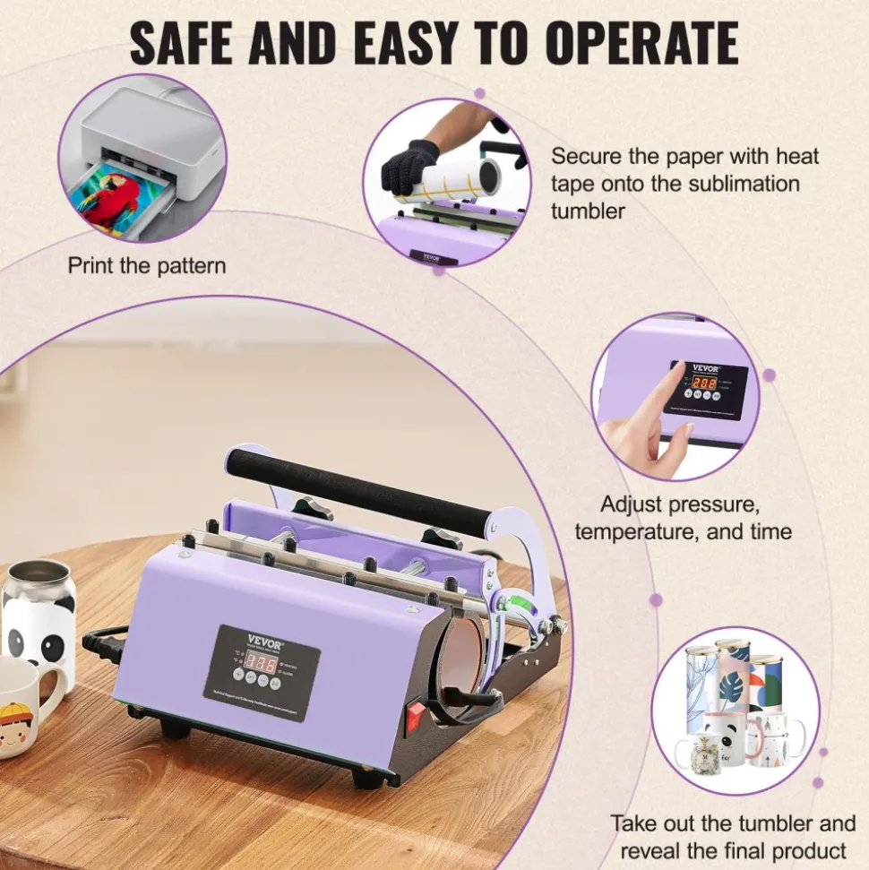 VEVOR Tumbler Heat Press Machine, 11-30oz Mug Press, Heat Up Fast and Even, Tumbler Press with Sublimation Paper, Tape and Gloves, Temp and Time Setting, for Sublimation Tumblers, Cups, Mugs, Purple