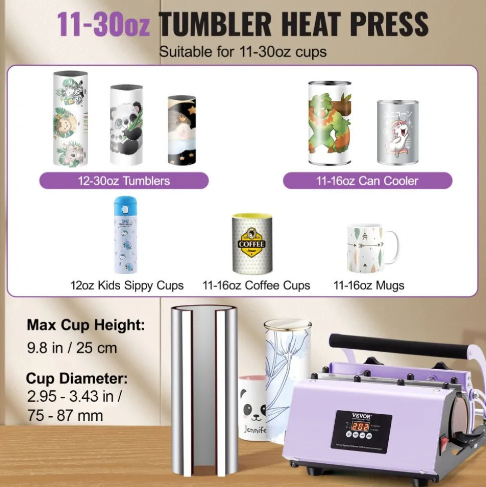 VEVOR Tumbler Heat Press Machine, 11-30oz Mug Press, Heat Up Fast and Even, Tumbler Press with Sublimation Paper, Tape and Gloves, Temp and Time Setting, for Sublimation Tumblers, Cups, Mugs, Purple
