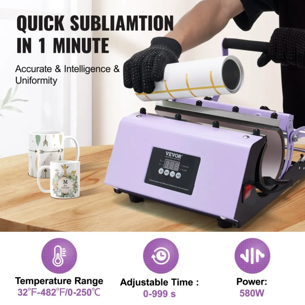 VEVOR Tumbler Heat Press Machine, 11-30oz Mug Press, Heat Up Fast and Even, Tumbler Press with Sublimation Paper, Tape and Gloves, Temp and Time Setting, for Sublimation Tumblers, Cups, Mugs, Purple