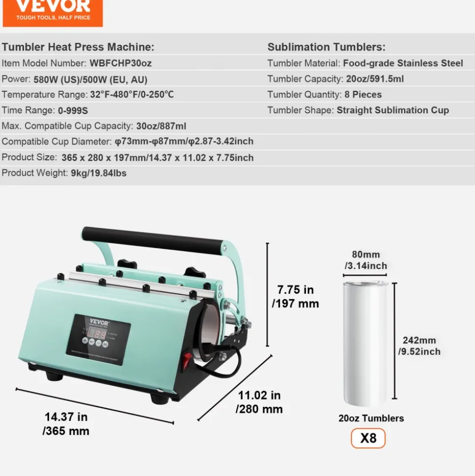 VEVOR Tumbler Heat Press Machine and Sublimation Tumblers, Tumbler Press Set with 8pcs 20OZ Blank Tumblers, Mug Press Cup Press for 11-30oz Tumblers Mug, with Heat Transfer Paper, Gloves, Tape