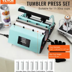 VEVOR Tumbler Heat Press Machine and Sublimation Tumblers, Tumbler Press Set with 8pcs 20OZ Blank Tumblers, Mug Press Cup Press for 11-30oz Tumblers Mug, with Heat Transfer Paper, Gloves, Tape