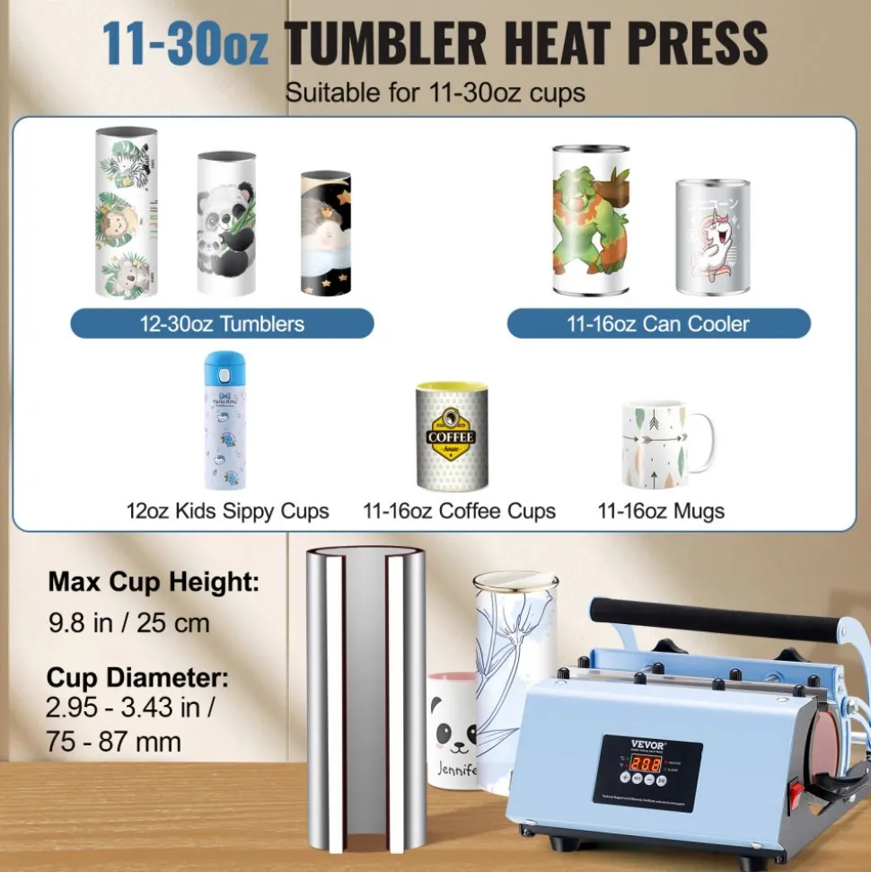 VEVOR Tumbler Heat Press Machine, 11-30oz Mug Press, Heat Up Fast and Even, Tumbler Press with Sublimation Paper, Tape and Gloves, Temp and Time Setting, for Sublimation Tumblers, Cups, Mugs, Blue