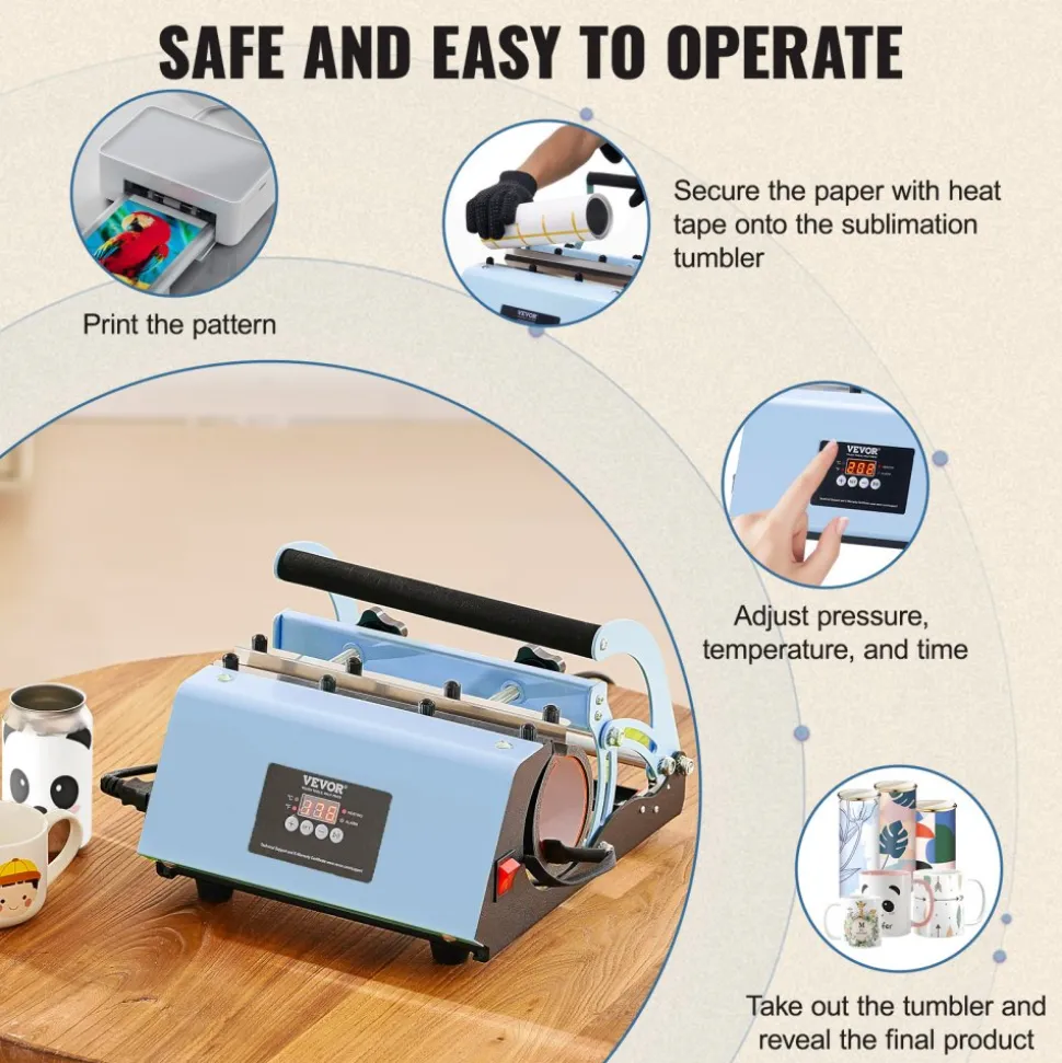 VEVOR Tumbler Heat Press Machine, 11-30oz Mug Press, Heat Up Fast and Even, Tumbler Press with Sublimation Paper, Tape and Gloves, Temp and Time Setting, for Sublimation Tumblers, Cups, Mugs, Blue