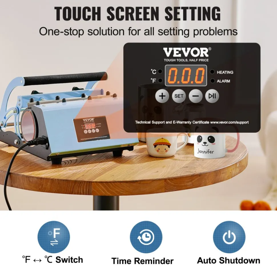 VEVOR Tumbler Heat Press Machine, 11-30oz Mug Press, Heat Up Fast and Even, Tumbler Press with Sublimation Paper, Tape and Gloves, Temp and Time Setting, for Sublimation Tumblers, Cups, Mugs, Blue