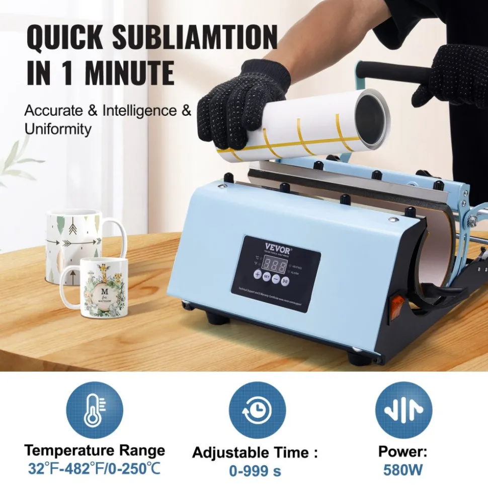 VEVOR Tumbler Heat Press Machine, 11-30oz Mug Press, Heat Up Fast and Even, Tumbler Press with Sublimation Paper, Tape and Gloves, Temp and Time Setting, for Sublimation Tumblers, Cups, Mugs, Blue