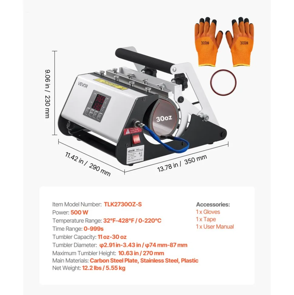 VEVOR Tumbler Heat Press Machine, 11-30 oz Mug Press, Fast and Even Heating, with Tape and Gloves, Easy Temp and Time Setting, Heat Transfer for Sublimation Tumblers, Cups, Mugs, Black and White
