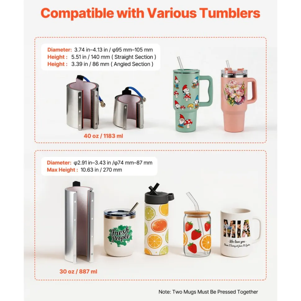 VEVOR Tumbler Heat Press Machine, 30 oz and 40 oz Mug Press, Fast and Even Heating, with Tape, Gloves, Easy Temp and Time Setting, Heat Transfer for Sublimation Tumblers, Cups, Mugs, Black and White