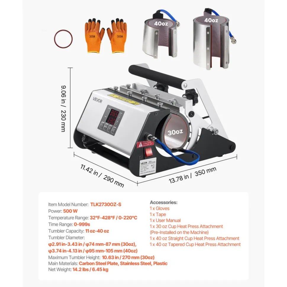 VEVOR Tumbler Heat Press Machine, 30 oz and 40 oz Mug Press, Fast and Even Heating, with Tape, Gloves, Easy Temp and Time Setting, Heat Transfer for Sublimation Tumblers, Cups, Mugs, Black and White