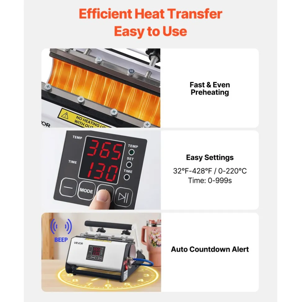 VEVOR Tumbler Heat Press Machine, 30 oz and 40 oz Mug Press, Fast and Even Heating, with Tape, Gloves, Easy Temp and Time Setting, Heat Transfer for Sublimation Tumblers, Cups, Mugs, Black and White