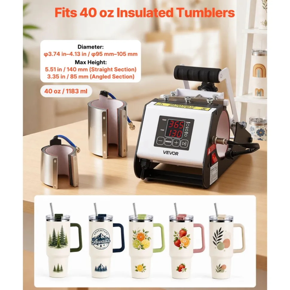 VEVOR Tumbler Heat Press Machine, 40 oz Tumbler Press, Fast and Even Heating, with Tape, Gloves, Easy Temp and Time Setting, Heat Transfer for Sublimation Insulated Tumblers, Cups, Black and White