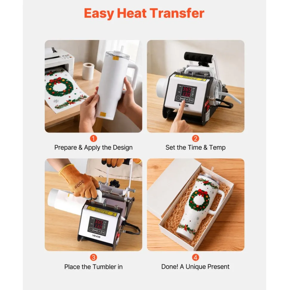 VEVOR Tumbler Heat Press Machine, 40 oz Tumbler Press, Fast and Even Heating, with Tape, Gloves, Easy Temp and Time Setting, Heat Transfer for Sublimation Insulated Tumblers, Cups, Black and White