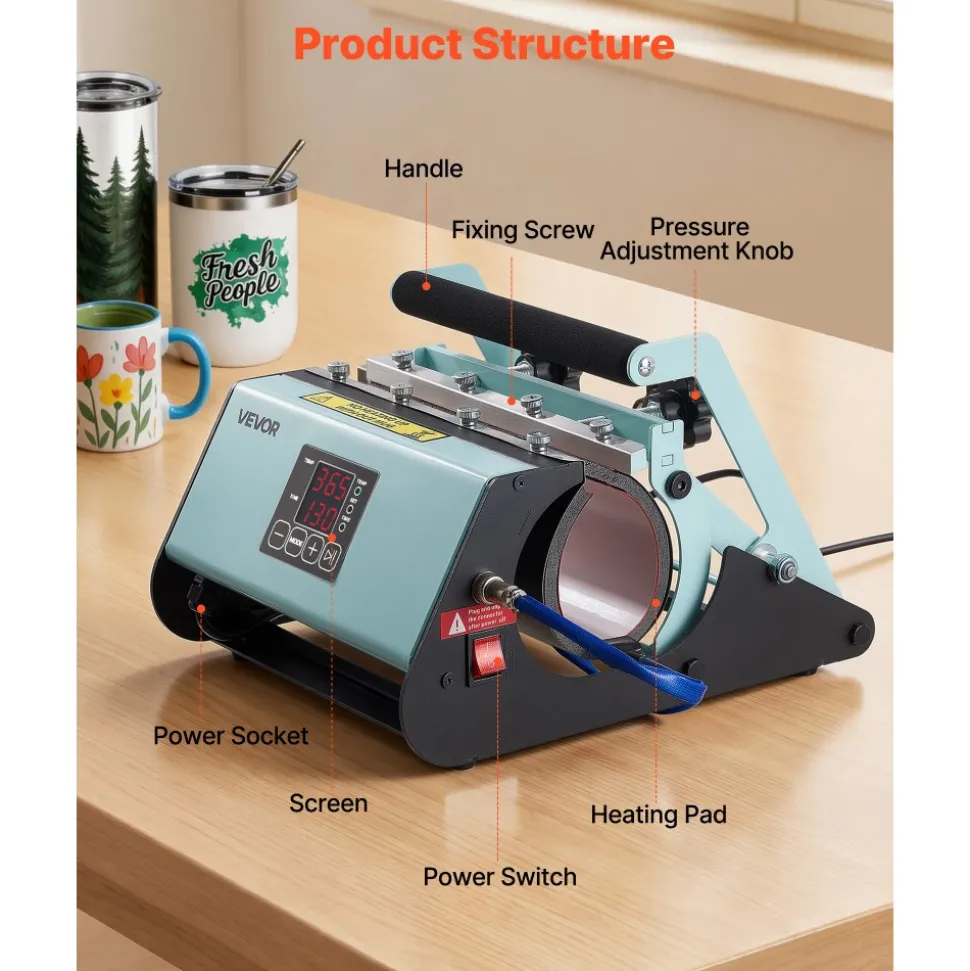 VEVOR Tumbler Heat Press Machine, 11-30 oz Mug Press, Fast and Even Heating, with Tape and Gloves, Easy Temp and Time Setting, Heat Transfer for Sublimation Tumblers, Cups, Mugs, Black and Green