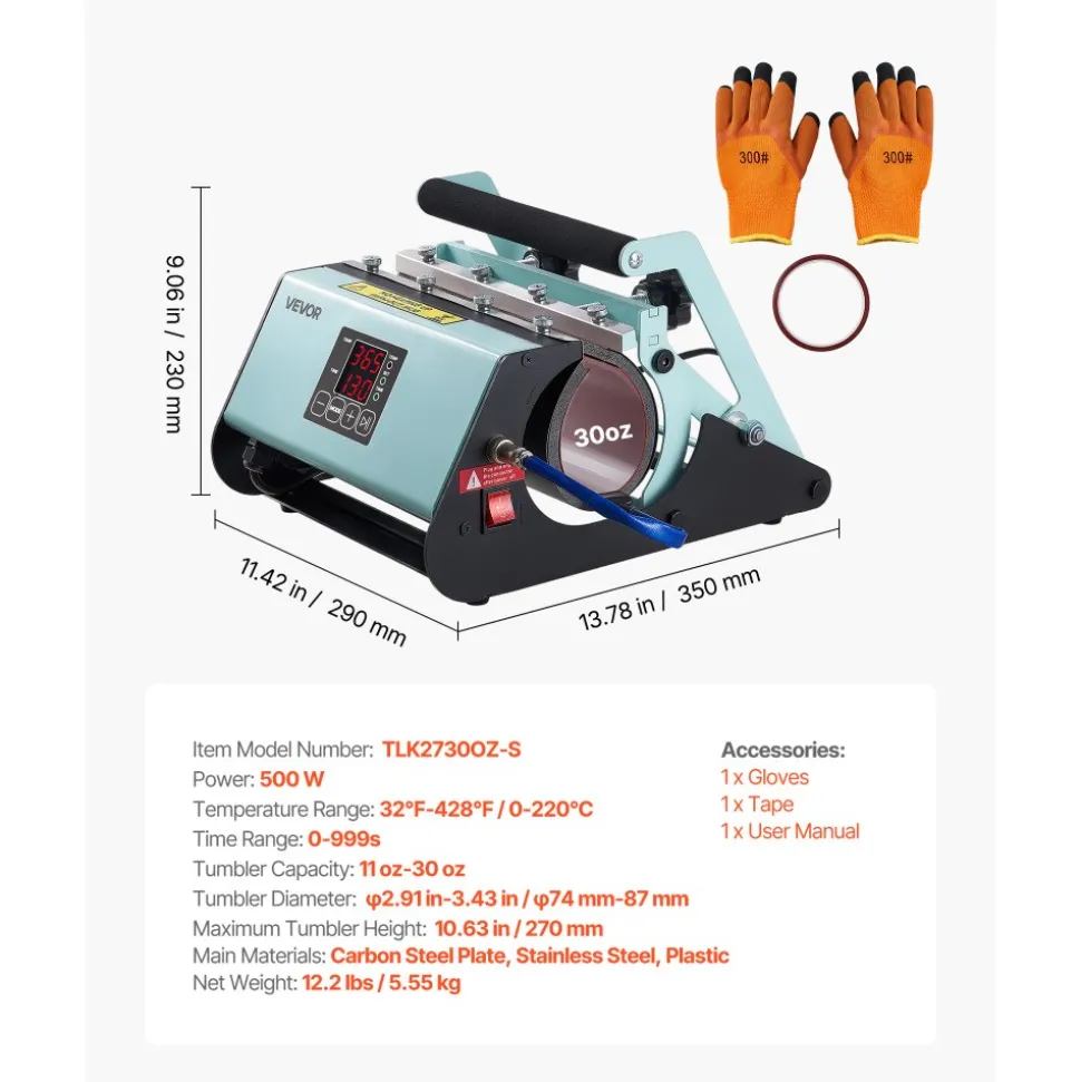 VEVOR Tumbler Heat Press Machine, 11-30 oz Mug Press, Fast and Even Heating, with Tape and Gloves, Easy Temp and Time Setting, Heat Transfer for Sublimation Tumblers, Cups, Mugs, Black and Green