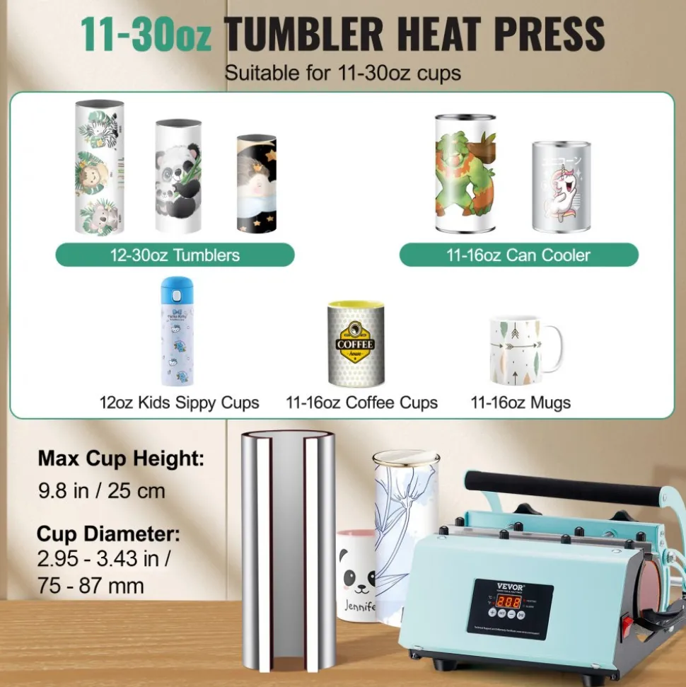 VEVOR Tumbler Heat Press Machine, 11-30oz Mug Press, Heat Up Fast and Even, Tumbler Press with Sublimation Paper, Tape and Gloves, Temp and Time Setting, for Sublimation Tumblers, Cups, Mugs, Green