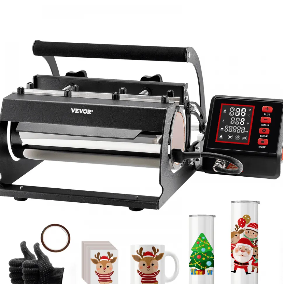VEVOR Tumbler Heat Press Machine, 11-30oz Mug Press, Heat Up Fast and Even, Tumbler Press with Sublimation Paper, Tape and Gloves, Temp and Time Setting, for Sublimation Tumblers, Cups, Mugs, Black