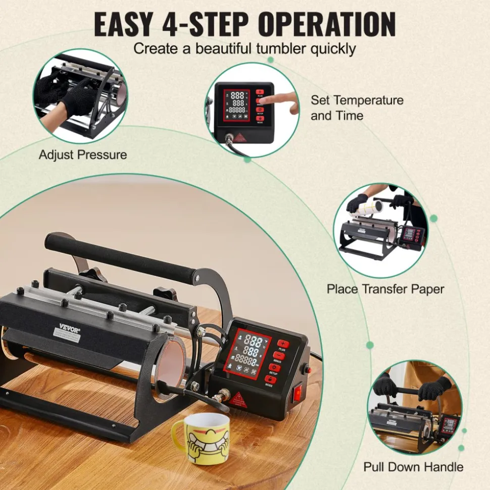 VEVOR Tumbler Heat Press Machine, 11-30oz Mug Press, Heat Up Fast and Even, Tumbler Press with Sublimation Paper, Tape and Gloves, Temp and Time Setting, for Sublimation Tumblers, Cups, Mugs, Black