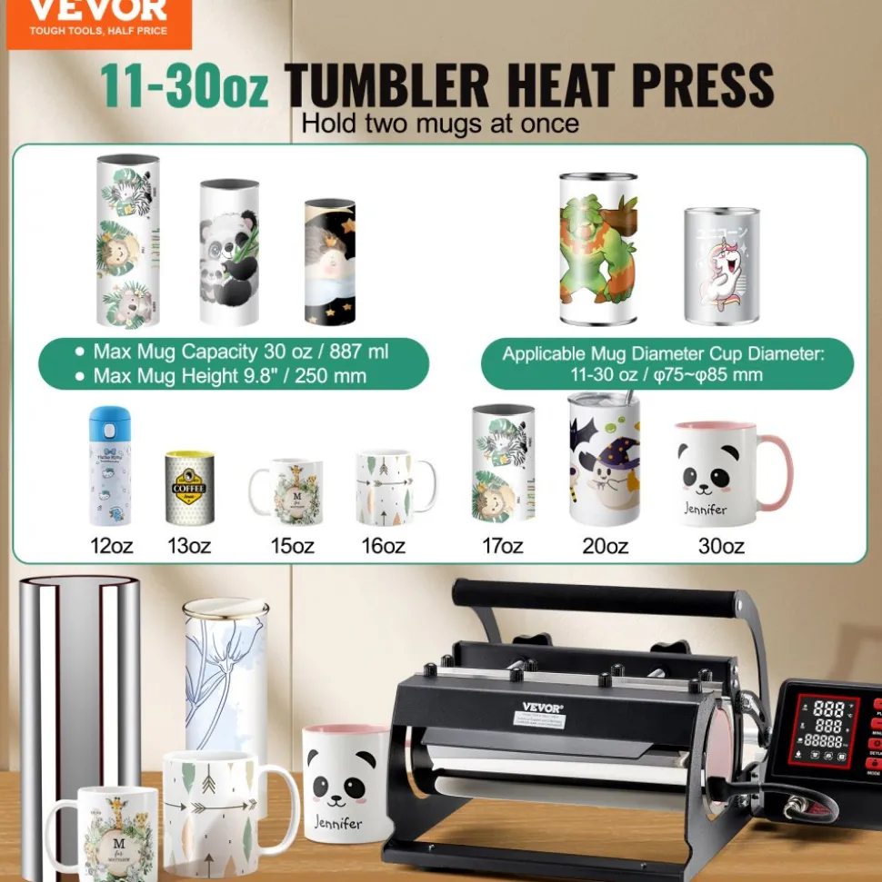 VEVOR Tumbler Heat Press Machine, 11-30oz Mug Press, Heat Up Fast and Even, Tumbler Press with Sublimation Paper, Tape and Gloves, Temp and Time Setting, for Sublimation Tumblers, Cups, Mugs, Black