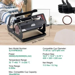 VEVOR Tumbler Heat Press Machine, 11-30oz Mug Press, Heat Up Fast and Even, Tumbler Press with Sublimation Paper, Tape and Gloves, Temp and Time Setting, for Sublimation Tumblers, Cups, Mugs, Black