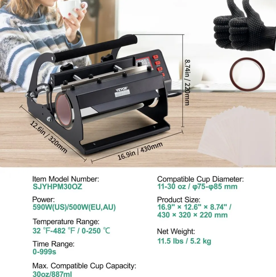 VEVOR Tumbler Heat Press Machine, 11-30oz Mug Press, Heat Up Fast and Even, Tumbler Press with Sublimation Paper, Tape and Gloves, Temp and Time Setting, for Sublimation Tumblers, Cups, Mugs, Black